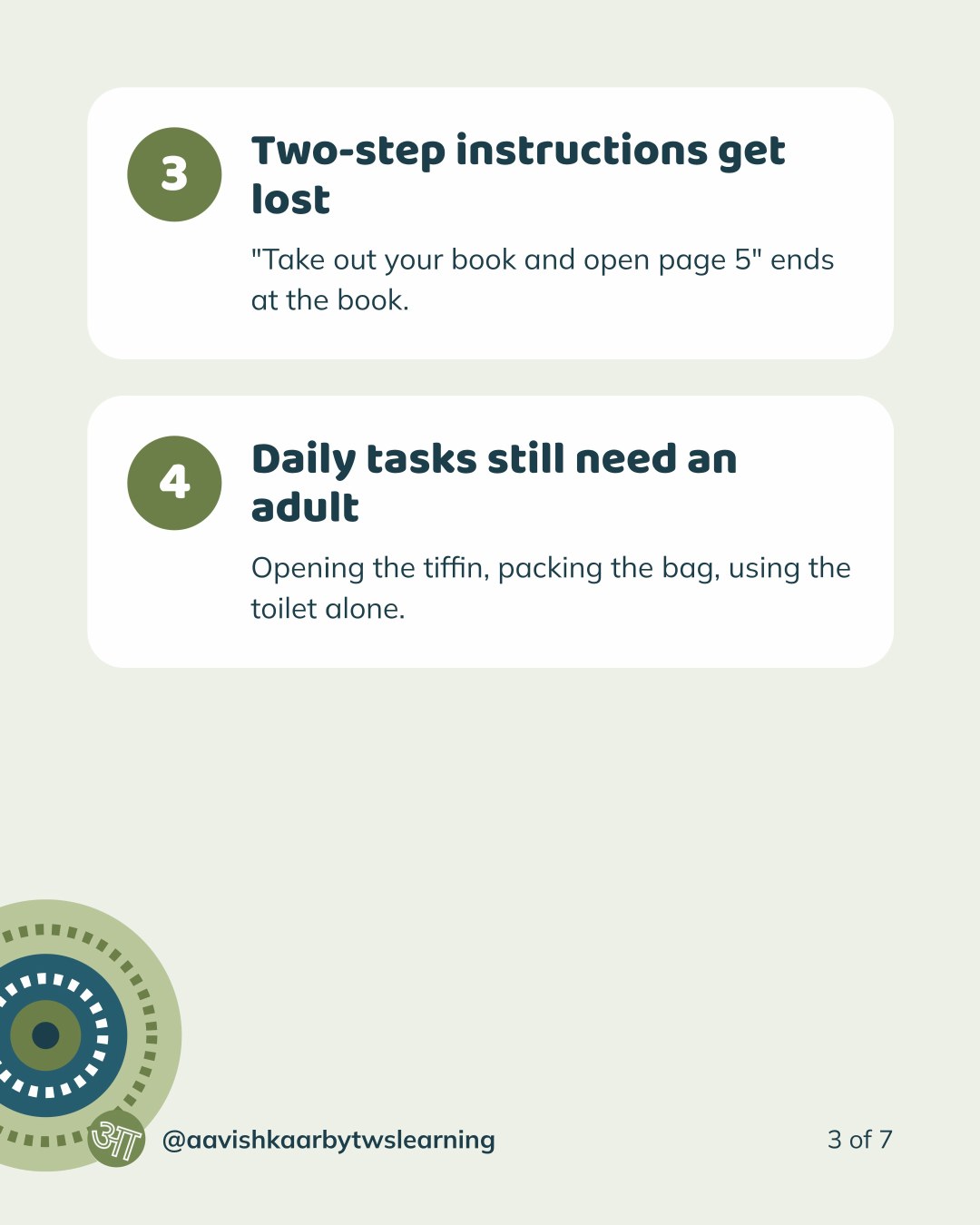 Slide 3 — Two-step instructions get lost; daily tasks still need an adult.